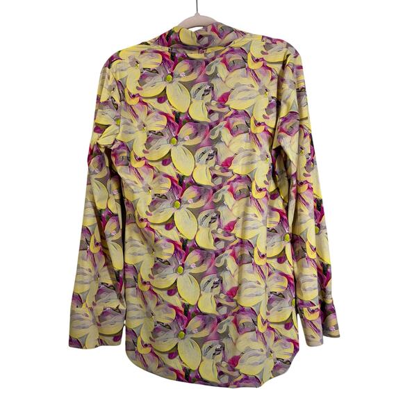 CHIARA BONI Blouse LG Point Collar V-Neck Split Cuffs Ruched Split Cuffs Floral - Picture 4 of 14